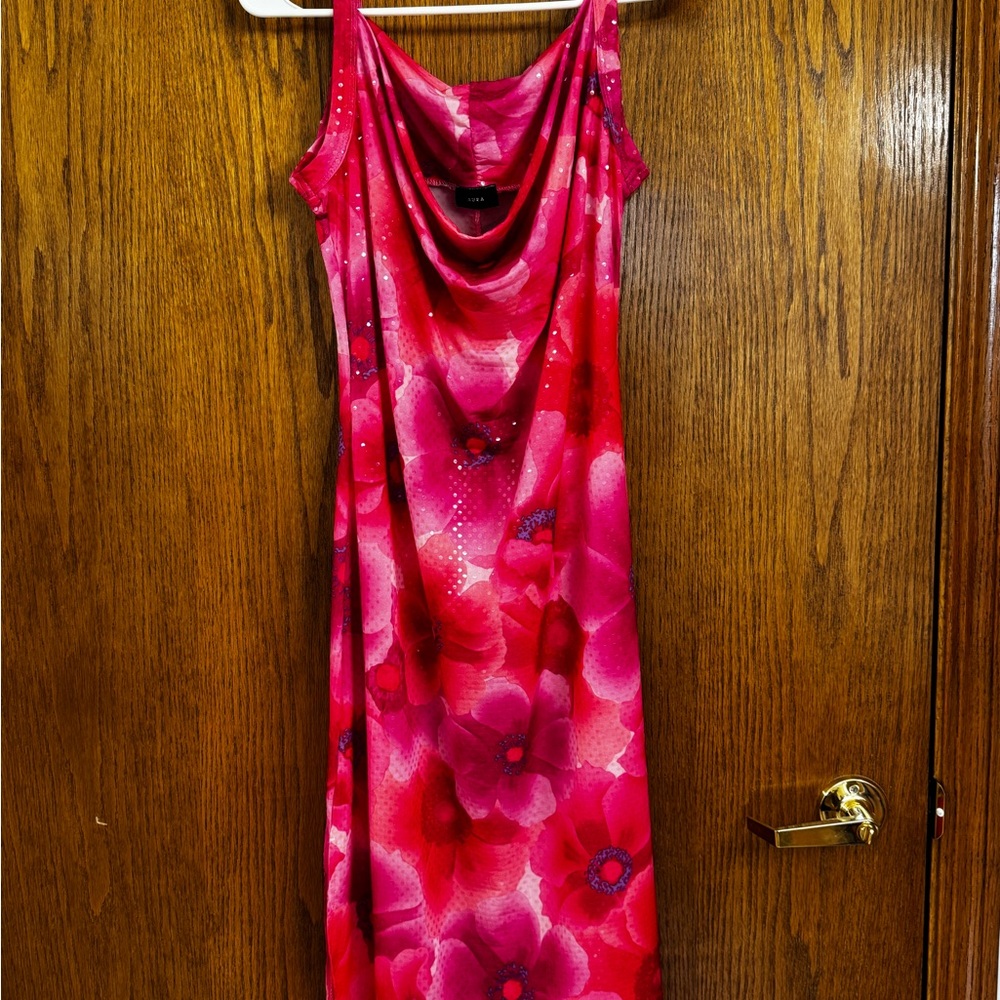 Aura Red and Pink Slip Midi Dress Cowl Neck